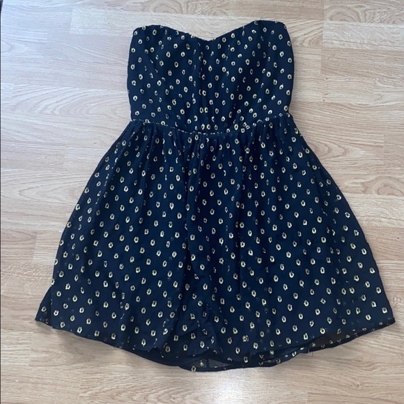 Greylin Black & Gold Pattern Strapless Silk Dress - Picture 2 of 5